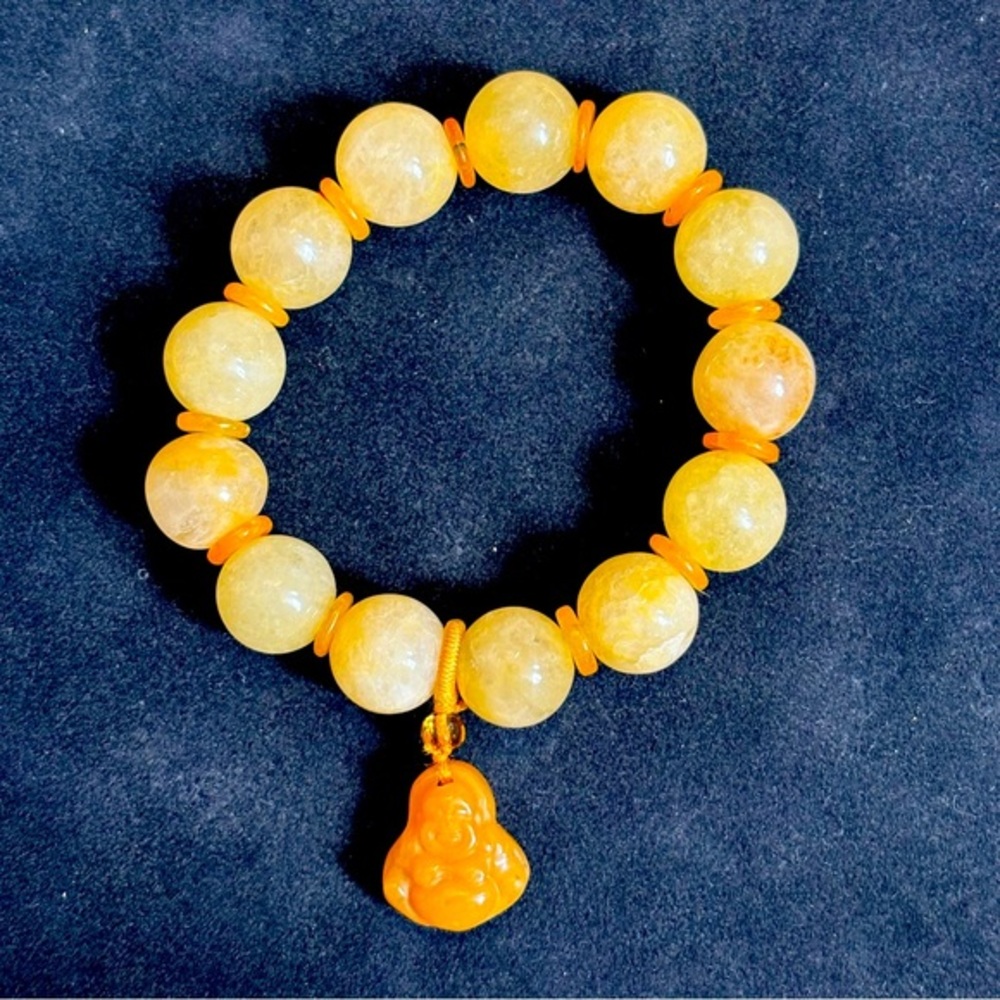 Yellow Jade Beaded Bracelet with Buddha Charm